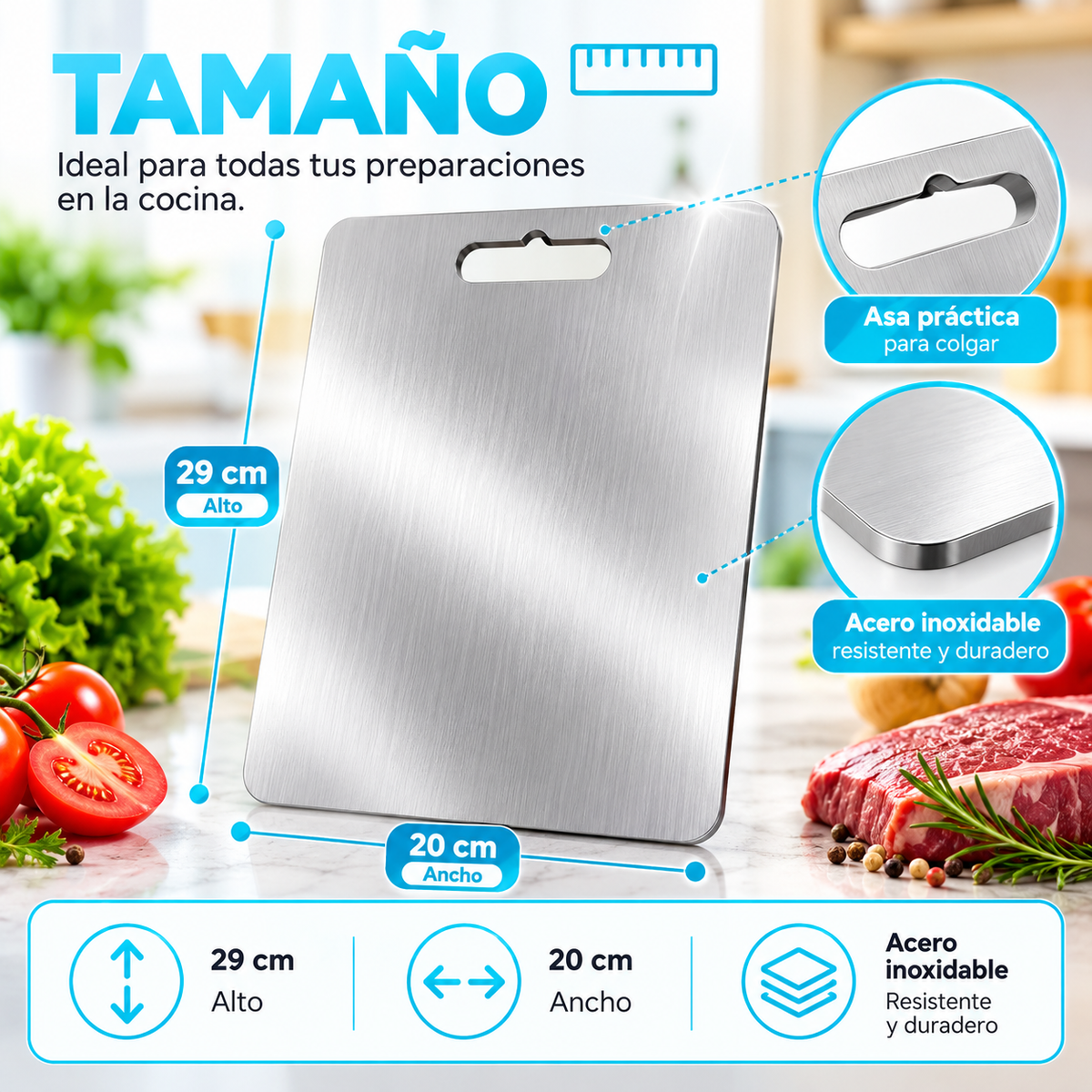 TablaSteel™ de Acero Inoxidable Más higiene en cada preparación.🥗✨